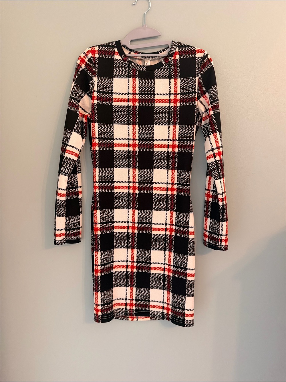 Plaid Knit Long Sleeve Dress in Black, White & Red